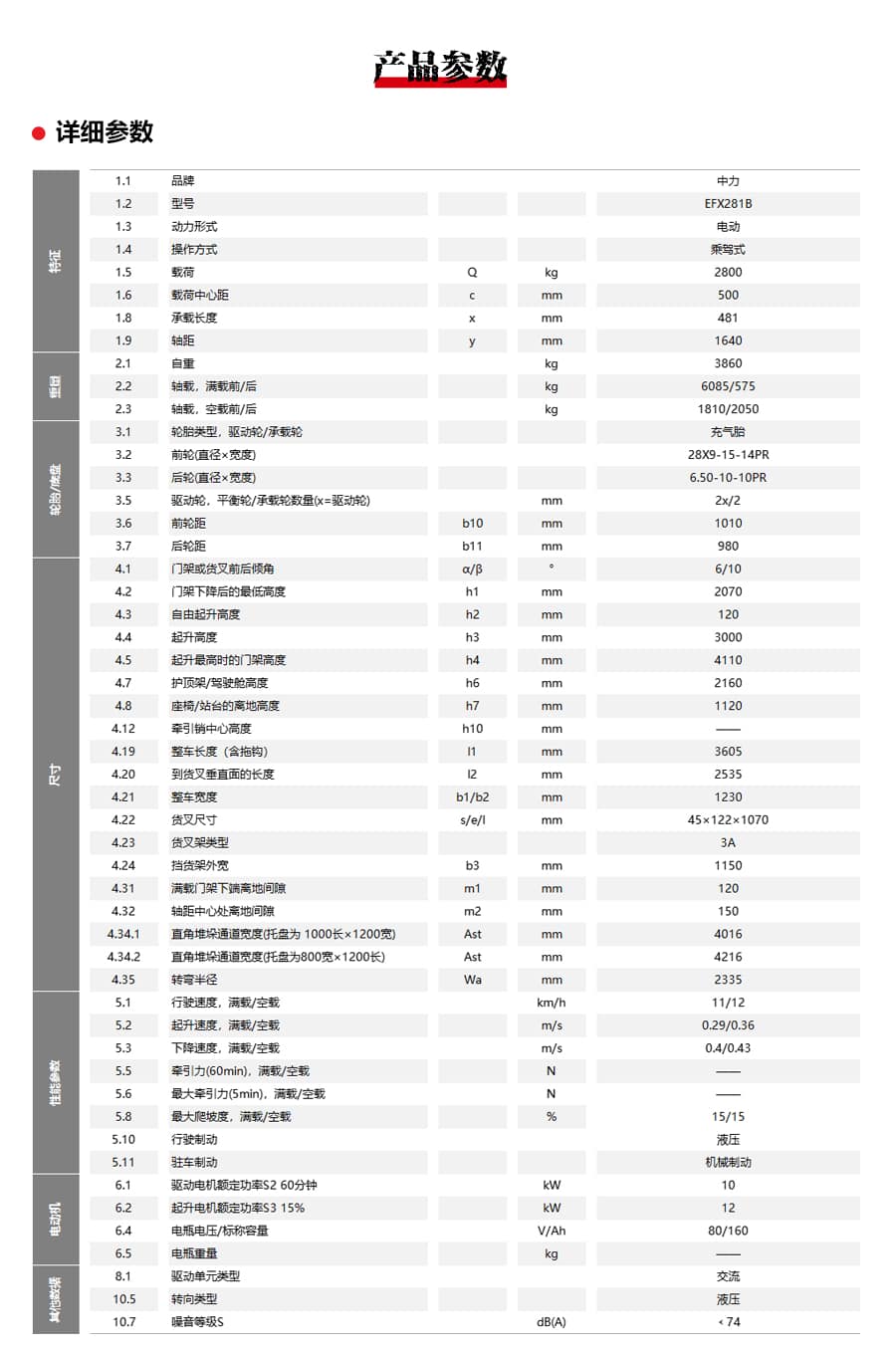 中力EFX281B皮卡锂电叉车2.8吨