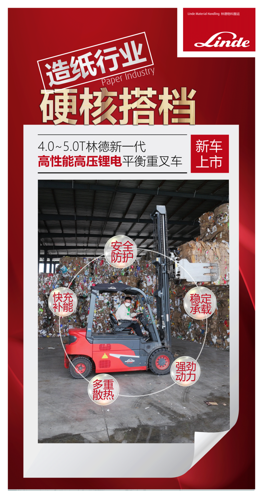 造纸行业，硬核担当 | 4-5吨新一代林德高性能高压锂电平衡重叉车重磅来袭